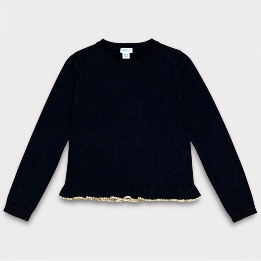 Crewcuts Girls Black Peplum Sweater Gold Metallic Trim Ruffle Hem Size 8